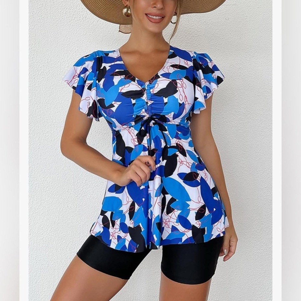NEW‎ Fanuerg Size 3XL Blue Leaf Print Ruffle Sleeve  Swimsuit Black Shorts